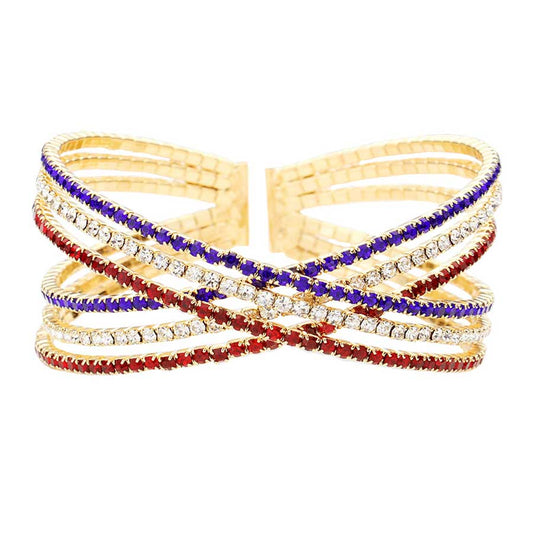 Gold Multi Rhinestone Embellished Crisscross Cuff Evening Bracelet, this Rhinestone Bracelet sparkles all around with it's surrounding round stones, stylish evening bracelet that is easy to put on, take off and comfortable to wear.  It has vibrant colors of the beautiful American flag. Show your love for this country with some sparkle. 