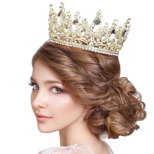 Gold Oval Stone Accented Pageant Crown Tiara, perfect headpiece for adding just the right amount of shimmer & shine, will add a touch of class, beauty and style to your wedding, bridal, prom, special events, graduation, Quinceanera, Sweet 16, Embellished glass crystal tiara affordable elegance to feel like a queen!