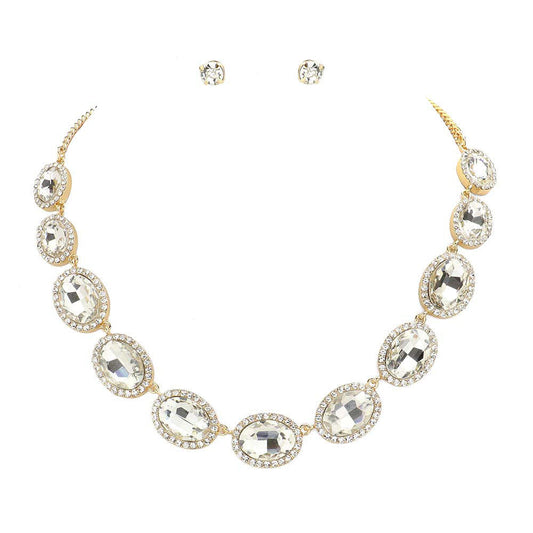 Gold Oval Stone Link Evening Necklace, this gorgeous jewelry set will show your class on any special occasion. The elegance of these stones goes unmatched, great for wearing on any special occasion! Stunning jewelry set will sparkle all night long making you shine like a diamond on special occasions.