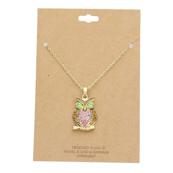 Gold Rhinestone Embellished Owl Pendant Charm Necklace Rhinestone Necklace, ultra-chic owl pendant chain is the perfect balance of simplicity & edginess. Owl pendant necklaces are so fun, whimsical, perfectly lightweight for all-day wear, coordinate with any ensemble from business casual to everyday wear Perfect Bday Gift 