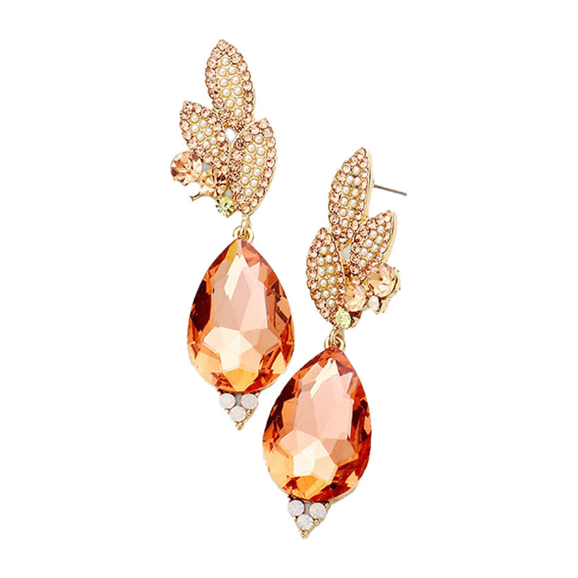 Gold Peach Crystal Rhinestone Pave Leaf Teardrop Evening Earrings. Add a pop of color to your ensemble, just the right amount of shimmer & shine, touch of class, beauty and style to any special events. Perfect Birthday Gift, Anniversary Gift, Mother's Day Gift, Graduation Gift.