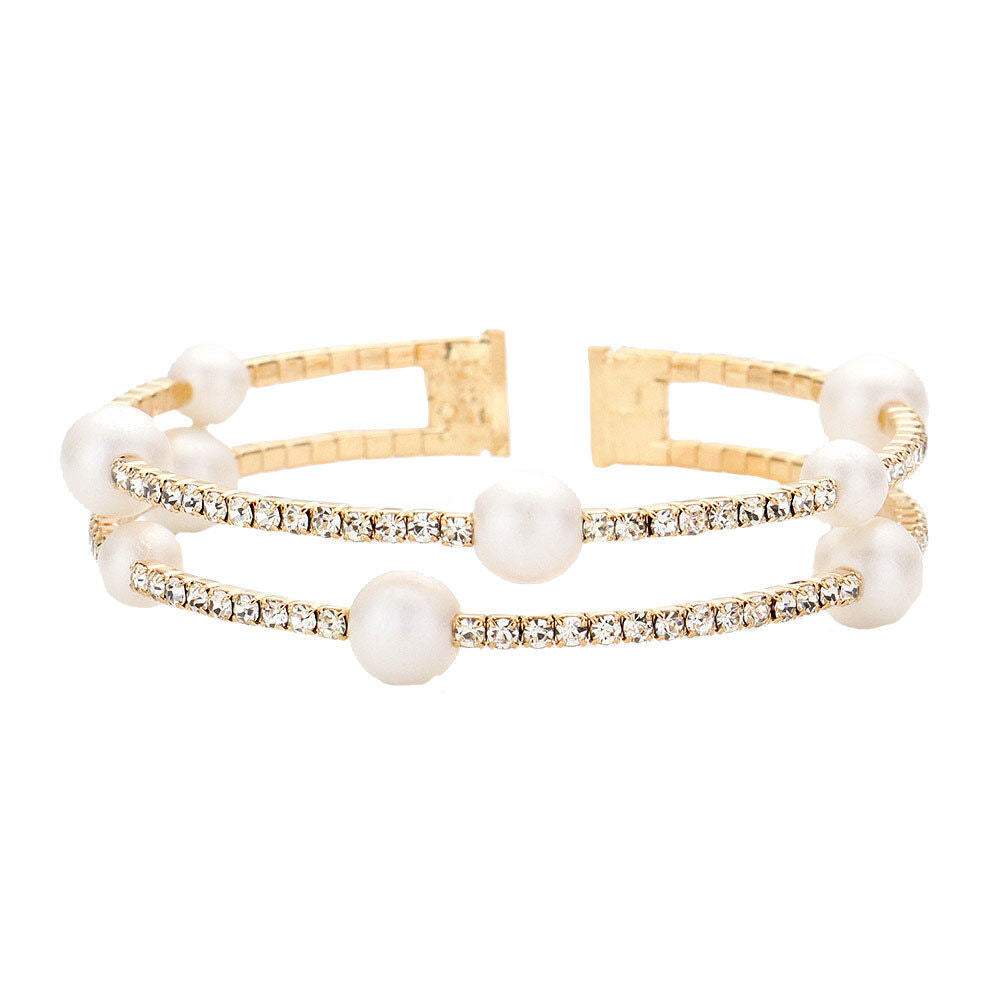 Gold Pearl Accented Rhinestone Split Cuff Bangle Bracelet Special Occasion. Rows of dazzling rhinestones & an open end for easy flexible fit. Get cuffed with glitz & glam in this sparkling crystal cuff! Birthday Gift, Christmas GIft, Prom, Weddings, Quinceanera, Graduation, Holiday Parties, Regalo Navidad, Regalo Cumpleanos