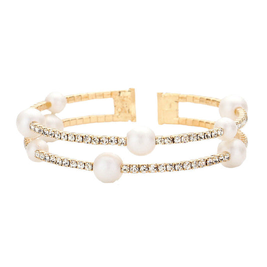 Gold Pearl Accented Rhinestone Split Cuff Bangle Bracelet Special Occasion. Rows of dazzling rhinestones & an open end for easy flexible fit. Get cuffed with glitz & glam in this sparkling crystal cuff! Birthday Gift, Christmas GIft, Prom, Weddings, Quinceanera, Graduation, Holiday Parties, Regalo Navidad, Regalo Cumpleanos