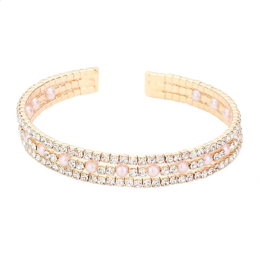Gold Pearl Accented Split Rhinestone Cuff Evening Bracelet, The combination of rhinestone and Pearl adds a extra glow to your outfit. Pair these with tee and jeans and you are good to go. Jewelry that fits your lifestyle! It will be your new favorite go-to accessory. Perfect jewelry gift to expand a woman's fashion wardrobe with a classic, timeless style. Awesome gift for birthday, Anniversary, Valentine’s Day or any special occasion.