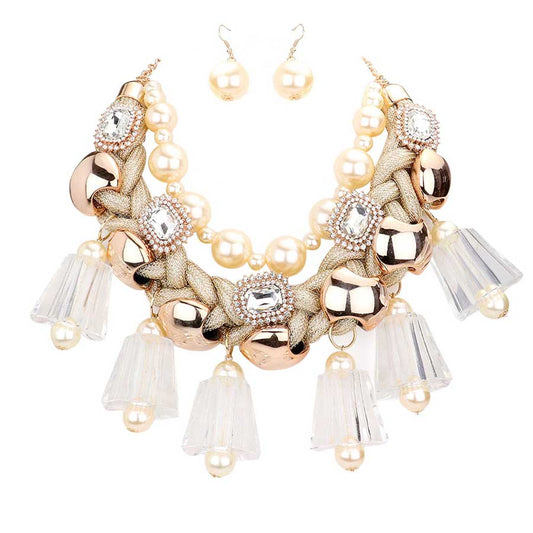 Gold Pearl Chunky Lucite Cord Braided Statement Necklace. These gorgeous Pearl pieces will show your class in any special occasion. The elegance of these pearl goes unmatched, great for wearing at a party! Perfect jewelry to enhance your look. Awesome gift for birthday, Anniversary, Valentine‚Äôs Day or any special occasion.