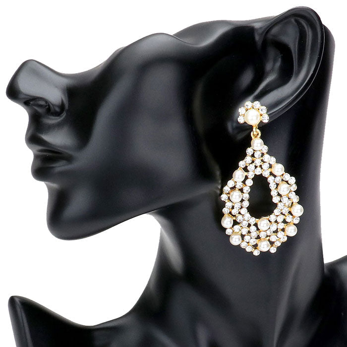 Gold Pearl Detail Rhinestone Open Teardrop Evening Earrings, These gorgeous rhinestone pieces will show your class in any special occasion. The elegance of these crystal evening earrings goes unmatched. Perfect jewelry to enhance your look. Awesome gift for birthday, Anniversary, Valentine’s Day or any special occasion.
