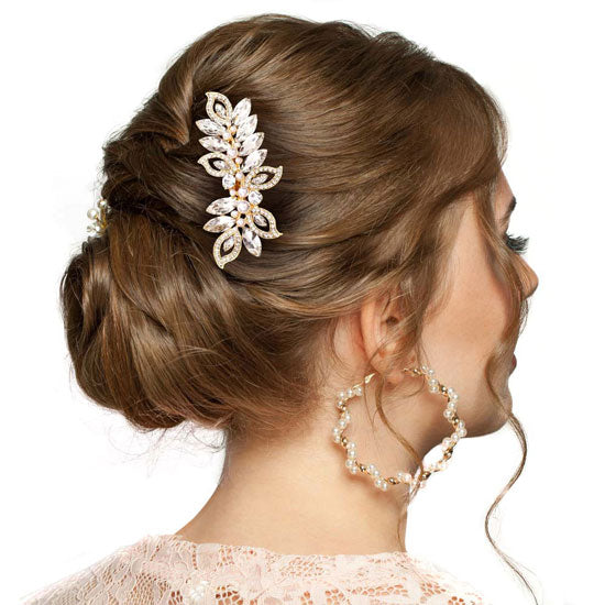 Gold Pearl Marquise Stone Accented Leaf Hair Comb. Perfect for adding just the right amount of shimmer & shine, will add a touch of class, beauty and style to your wedding, prom, special events, embellished pearl stone to keep your hair sparkling all day & all night long. The elegant design will enhance your beauty, attracting everyone's attention and transforming you into a bright star to wear with this hair comb.