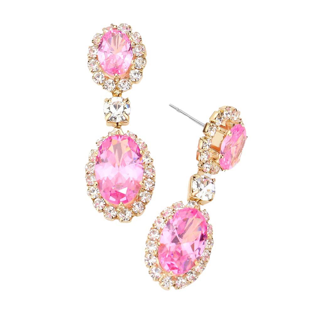 Gold Pink CZ Double Oval Accented Dangle Evening Earrings. Beautifully crafted design adds a gorgeous glow to any outfit. Jewelry that fits your lifestyle! Perfect Birthday Gift, Anniversary Gift, Mother's Day Gift, Anniversary Gift, Graduation Gift, Prom Jewelry, Just Because Gift, Thank you Gift.