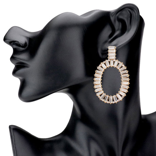 Gold Rectangle Stone Embellished Oven Oval Earrings, the perfect piece of sparkling earrings, pair these sparkling studs with any ensemble for a polished & sophisticated glowing look. Jewelry that fits your lifestyle.  Ideal for dates, job interview, night out, prom, wedding, sweet 16, Quinceanera, special day.