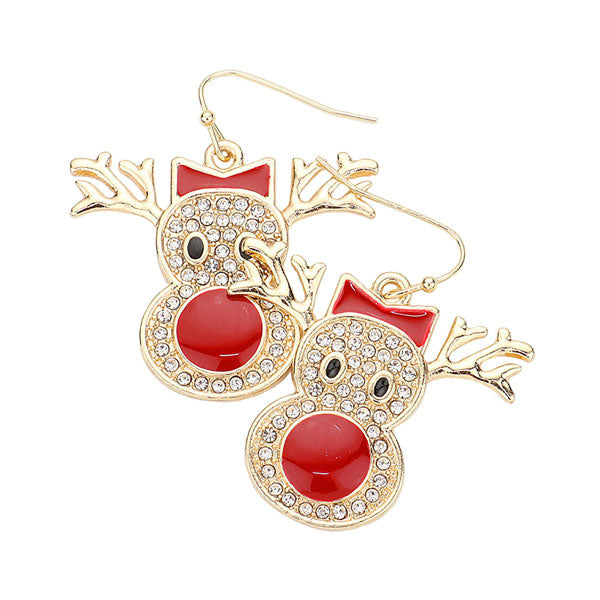 Gold Red Rhinestone Pave Rudolph Face Dangle Earrings. These beautiful and lightweight dangle earrings are designed with various Christmas elements. Wearing them can not only increase the Christmas atmosphere, but also enhance the relationship with your family. These exquisite animal themed earrings are suitable for various occasions. They are good jewelry accessories for Christmas parties and family gatherings.