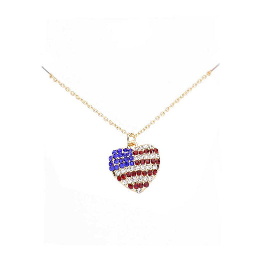 Gold Rhinestone Embellished American USA Flag Heart Pendant Necklace, show your love for our country with this cute patriotic American USA Flag Heart Pendant necklace. Featuring a bit of fashionable fireworks flair in our nations colors. Great for Election Day, National Holidays, Flag Day, 4th of July, Memorial Day, Labor Day.