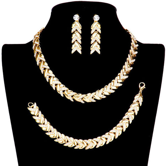 Gold Rhinestone Embellished Chevron Link Necklace Jewelry Set, Beautifully crafted design adds a gorgeous glow to any outfit. Get ready Necklace with a bright Bracelet. Perfect for adding just the right amount of shimmer & shine and a touch of class to special events. Perfect Birthday Gift, Anniversary Gift, etc.