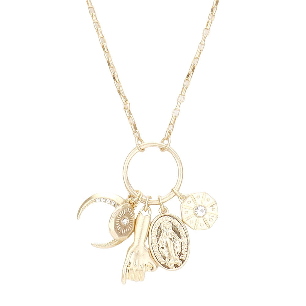 Rhinestone Embellished Crescent Moon Pinky Promise Virgin Mary Pendant Long Necklace; exquisite beautifully crafted pendants add a gorgeous glow to any outfit. Perfect Birthday Gift, Anniversary Gift, Mother's Day Gift, Anniversary Gift, Graduation Gift, Prom Jewelry, Just Because Gift, Thank you Gift, Keepsake Gift, Mom Gift