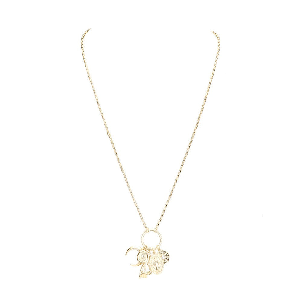 Rhinestone Embellished Crescent Moon Pinky Promise Virgin Mary Pendant Long Necklace; exquisite beautifully crafted pendants add a gorgeous glow to any outfit. Perfect Birthday Gift, Anniversary Gift, Mother's Day Gift, Anniversary Gift, Graduation Gift, Prom Jewelry, Just Because Gift, Thank you Gift, Keepsake Gift, Mom Gift