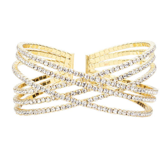 Gold Rhinestone Embellished Crisscross Cuff Evening Bracelet, this Rhinestone Bracelet sparkles all around with it's surrounding round stones, stylish evening bracelet that is easy to put on, take off and comfortable to wear. It has vibrant colors of the beautiful American flag. Show your love for this country with some sparkle.  Awesome gift for birthday, Anniversary, Valentine’s Day or any special occasion.