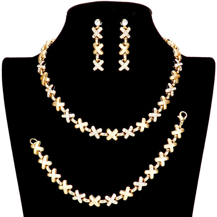 Gold Rhinestone Embellished Crisscross Link Necklace Jewelry Set, Beautifully crafted design adds a gorgeous glow to any outfit. Get ready Necklace with a bright Bracelet. Perfect for adding just the right amount of shimmer & shine and a touch of class to special events. Perfect Birthday Gift, Anniversary Gift, etc.