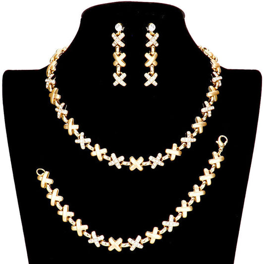 Gold Rhinestone Embellished Crisscross Link Necklace Jewelry Set, Beautifully crafted design adds a gorgeous glow to any outfit. Get ready Necklace with a bright Bracelet. Perfect for adding just the right amount of shimmer & shine and a touch of class to special events. Perfect Birthday Gift, Anniversary Gift, etc.