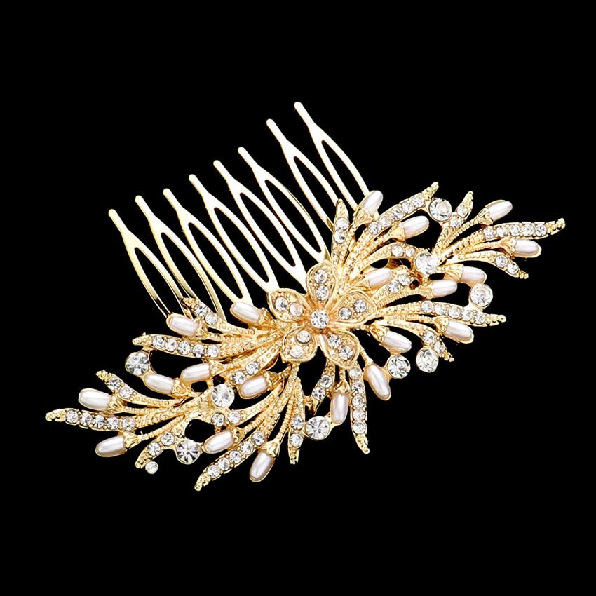 Gold Rhinestone Embellished Flower Pearl Leaf Hair Comb, amps up your hairstyle with a glamorous look on special occasions with this Embellished Flower Pearl Leaf Hair Comb! Perfect for adding just the right amount of shimmer & shine. These are Perfect Birthday Gifts, Anniversary Gifts, and Graduation gifts.
