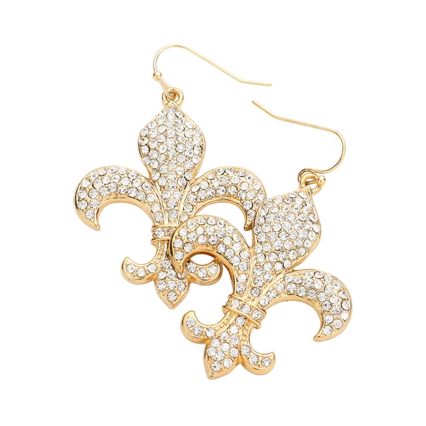 Gold Rhinestone Embellished Metal Fleur de Lis Dangle Earrings, are beautifully crafted earrings that dangle on your earlobes with a perfect glow to make you stand out and show your unique and beautiful look on Fleur de Lis. Put on a pop of color to complete your ensemble stylishly with these Fleur de Lis-themed earrings. Highlight your appearance and grasp everyone's eye at any place.