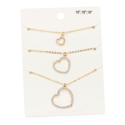 Gold 3PCS Rhinestone Embellished Open Heart Pendant Necklaces. Beautifully crafted design adds a gorgeous glow to any outfit. Jewelry that fits your lifestyle! Perfect Birthday Gift, Anniversary Gift, Mother's Day Gift, Graduation Gift, Prom Jewelry, Just Because Gift, Thank you Gift, Valentine's Day Gift.