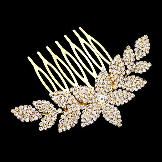 Gold Rhinestone Flower Hair Comb, is a classic wedding and regular gorgeous hair accessory that fits the bride and the bridesmaid. It's perfect for any hair color and type that makes you more glamourous and shiny on a special occasion. Add spectacular sparkle to your hairdo. These Flower & Leaf themed hair comb is perfect for weddings, engagements, proms, evenings, anniversaries, parties, banquets, dances, friends gatherings and performances and so on.