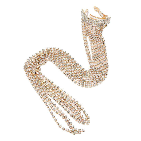 Gold Rhinestone Fringe Barrette. Accent your hairstyle with the fashionable flirty look of this chic bow barrette. It is a great accessory to embellish a bridesmaid’s hair, to add a touch of stylishness when wearing a Sunday dress, to enhance the look of a pageant outfit, or to stand out as the birthday girl.