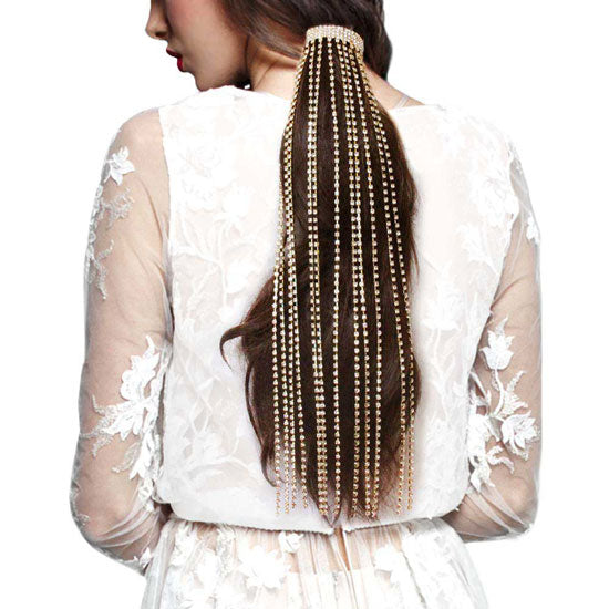 Gold Rhinestone Fringe Barrette. Accent your hairstyle with the fashionable flirty look of this chic bow barrette. It is a great accessory to embellish a bridesmaid’s hair, to add a touch of stylishness when wearing a Sunday dress, to enhance the look of a pageant outfit, or to stand out as the birthday girl.