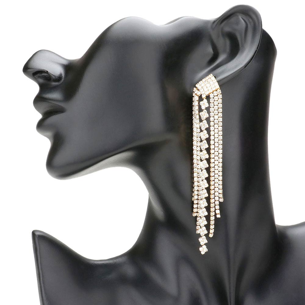 Gold Rhinestone Fringe Dangle Evening Earrings, completed the appearance of elegance and royalty to drag the attention of the crowd on special occasions. Excellent to wear at weddings, receptions, graduation, etc. to show your royalty and trendy choice. Perfect for birthdays, anniversaries, Mother's Day or graduation gifts.