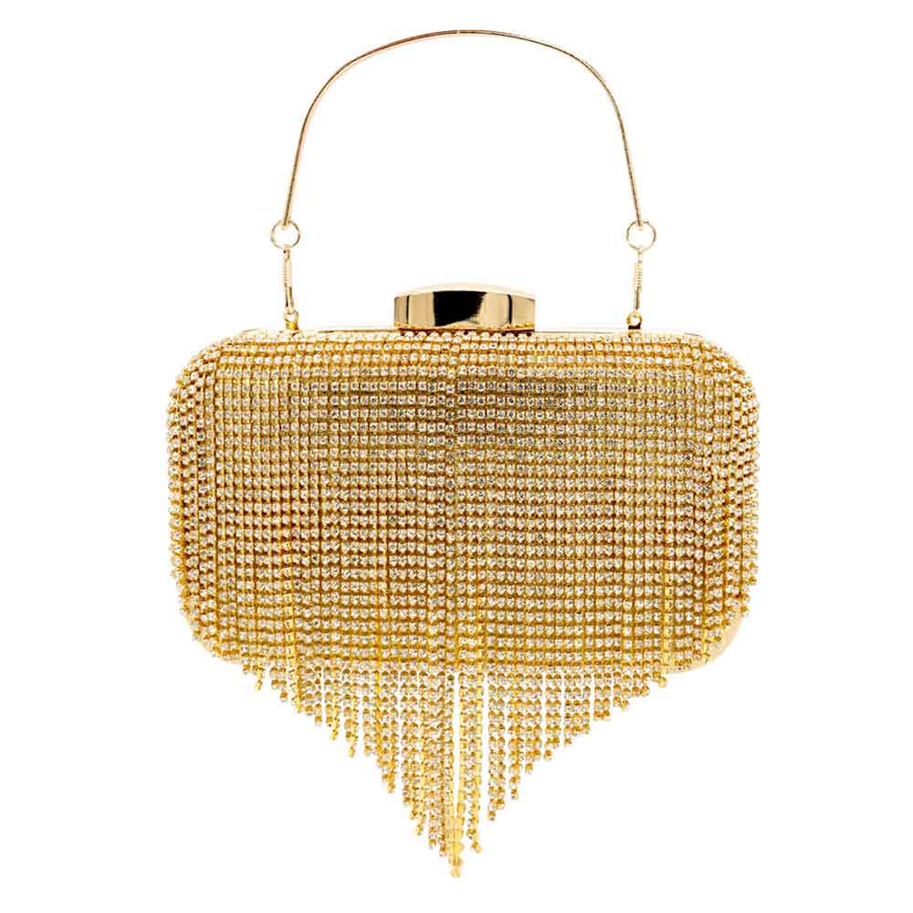 Gold Rhinestone Fringe Evening Clutch Crossbody Bag, This high quality Crossbody Bag is both unique and stylish. The size enough to hold essentials like mobile phone, cards, cash, keys and some makeups. perfect to match with your dress or to bring some bling to your outfit. suitable for, wedding, evening party and so on.
