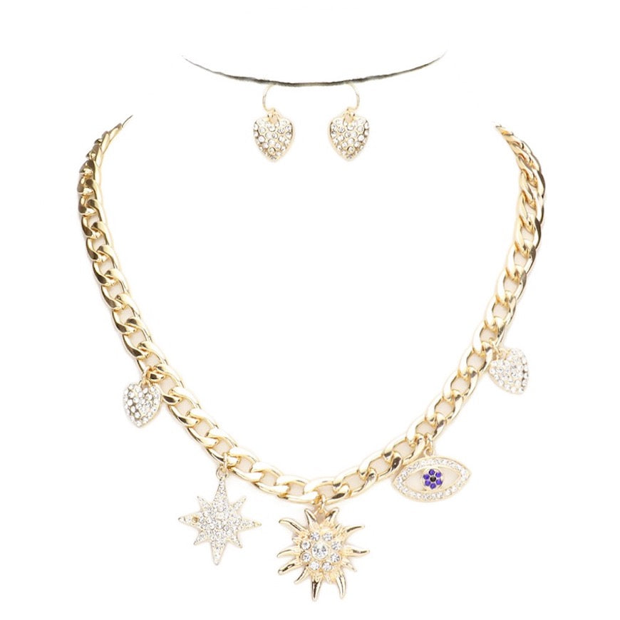 Gold Rhinestone Heart North Star Charm EvilEye Pendant Necklace Earring Set; when someone eyes your good fortune with jealousy or gluttony, the evil eye necklace is a known symbol to protect & ward off negative energy. Great gift: Vacation, Birthday, Anniversary, Christmas, Just Because, Valentine's, Mother's day, Easter