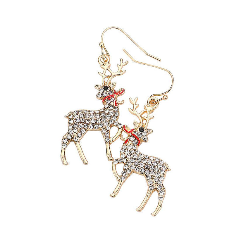 Gold Rhinestone Pave Christmas Deer Dangle Earrings. Get ready with these deer dangle earrings as part of your festive costume for or to dress up any outfit for the occasion. The colors are vibrant and the design is a seasonal delight. This animal themed earrings can be worn for chritsmas parties, cosplay, costume party, display, birthday, events, festivals, and so on, also nice for festive decorations gifts for your friend's and families.