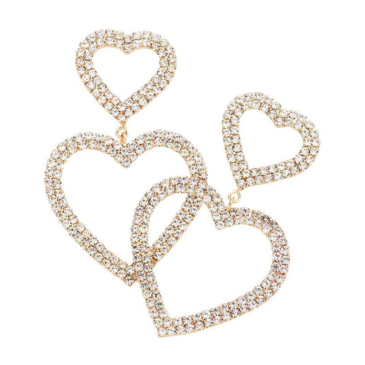 Gold Rhinestone Pave Double Open Heart Link Dangle Evening Earrings, beautifully crafted design adds a gorgeous glow to any outfit. jewelry that fits your lifestyle! Luminous heart link design and sparkling rhinestones give these stunning earrings an elegant look to make you stand out on any special occasion. Excellent for wearing at a party, wedding, bridal, baby shower, etc.