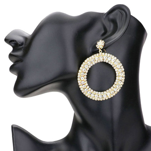 Gold Rhinestone Pave Open Circle Dangle Evening Earrings. Classic, Elegant dangle earrings Special Occasion ideal for parties, weddings, graduation, prom, holidays, pair these evening earrings with any ensemble for a polished look. These earrings pair perfectly with any ensemble from business casual, to night out on the town or a black tie party. Also makes a great gift for a loved one or for yourself.