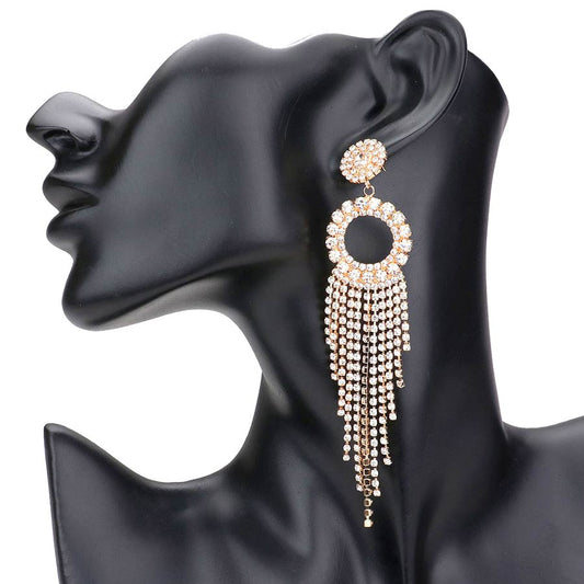 Gold Rhinestone Pave Open Circle Fringe Evening Earrings, completed the appearance of elegance and royalty to drag the attention of the crowd on special occasions. Excellent to wear at weddings, parties, graduation, etc. to show your royalty and trendy choice. Perfect for birthdays, anniversaries, or graduation gifts.