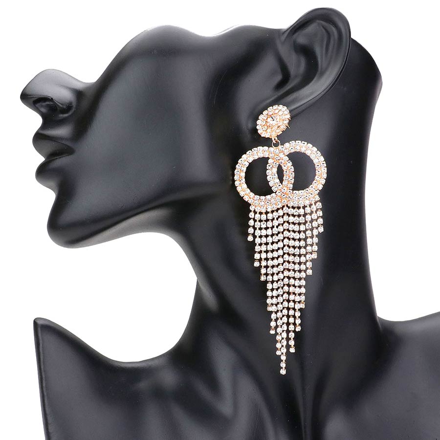 Gold Rhinestone Pave Open Double Circle Fringe Evening Earrings, completed the appearance of elegance and royalty to drag the attention of the crowd on special occasions. Excellent to wear at weddings, parties, graduation, etc. to show your royalty and trendy choice. Perfect for birthdays, anniversaries, or graduation gifts