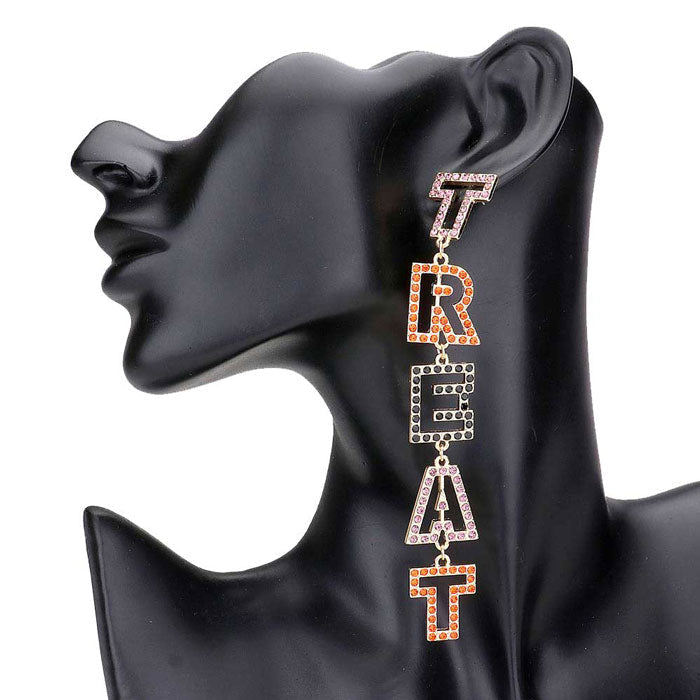 Gold Rhinestone Pave Trick Treat Halloween Message Drop Earrings, Get ready with these Trick Treat letters earrings as part of your Halloween costume. The Rhinestone sparkling and adds a sophisticated & stylish glow to any outfit. This letters earrings can be worn for Halloween parties, cosplay, costume party, display, birthday, events, festivals, and so on, also nice for festive decorations gifts for your friend's and families.