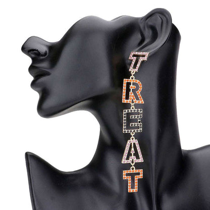 Gold Rhinestone Pave Trick Treat Halloween Message Drop Earrings, Get ready with these Trick Treat letters earrings as part of your Halloween costume. The Rhinestone sparkling and adds a sophisticated & stylish glow to any outfit. This letters earrings can be worn for Halloween parties, cosplay, costume party, display, birthday, events, festivals, and so on, also nice for festive decorations gifts for your friend's and families.
