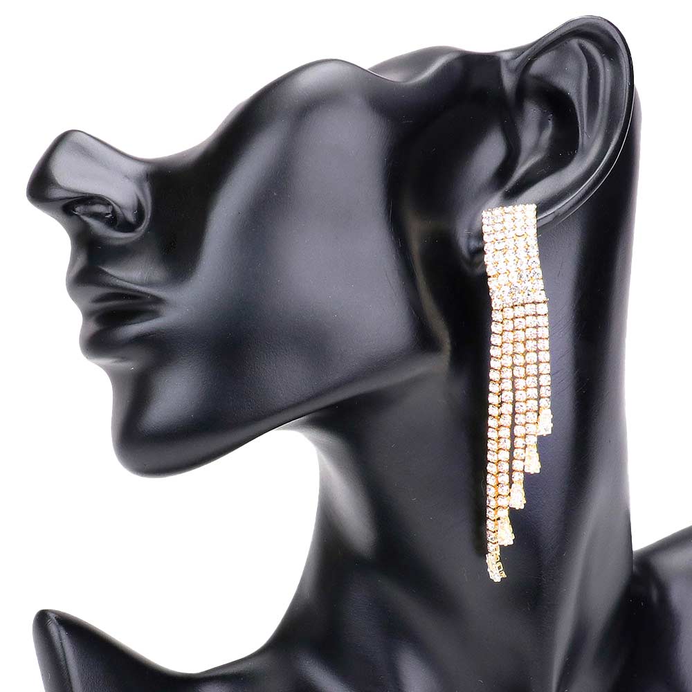 Gold Rhinestone Rectangle Fringe Dangle Evening Earrings, is beautifully designed to hang on your earlobes to glow and drag the attraction of the crowd on any special occasion. Put on a pop of color to complete your ensemble for the special occasion. The beautifully crafted fringe design adds a gorgeous glow to any outfit to make you more confident. Perfect jewelry gift to expand a woman's fashion wardrobe with a modern, on-trend style.