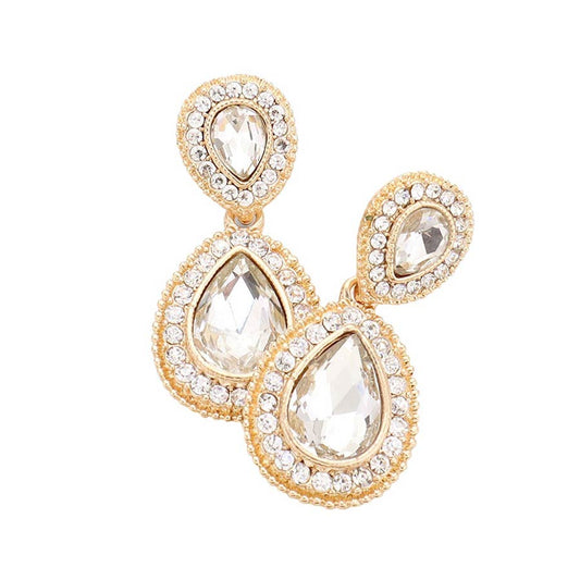 Gold Crystal Accent Rhinestone Trim Teardrop Evening Earrings,  the perfect set of sparkling earrings, pair these glitzy studs with any ensemble for a polished & sophisticated look. Ideal for dates, job interview, night out, prom, wedding, sweet 16, Quinceanera, special day. Perfect Gift Birthday, Holiday, Christmas, Valentine's Day, Anniversary etc.