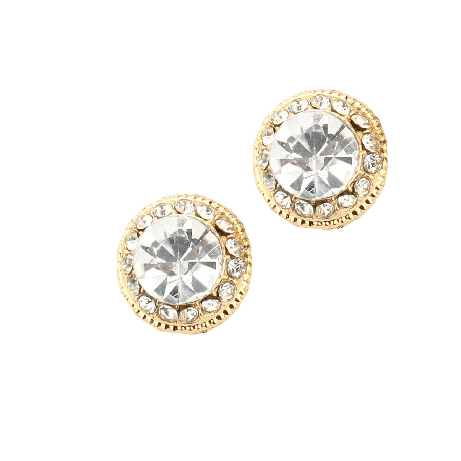 Gold Round Stone Stud Evening Earrings. Beautifully crafted design adds a gorgeous glow to any outfit. Jewelry that fits your lifestyle! Perfect Birthday Gift, Anniversary Gift, Mother's Day Gift, Anniversary Gift, Graduation Gift, Prom Jewelry, Just Because Gift, Thank you Gift.