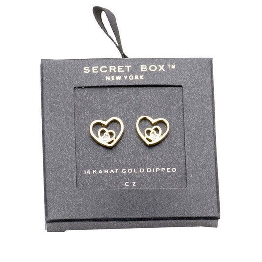 Gold Secret Box 14K Gold Dipped CZ Triple Metal Heart Stud Earrings. Beautifully crafted design adds a gorgeous glow to any outfit. Jewelry that fits your lifestyle! Perfect Birthday Gift, Anniversary Gift, Mother's Day Gift, Graduation Gift, Prom Jewelry, Just Because Gift, Thank you Gift, Valentine's Day Gift.