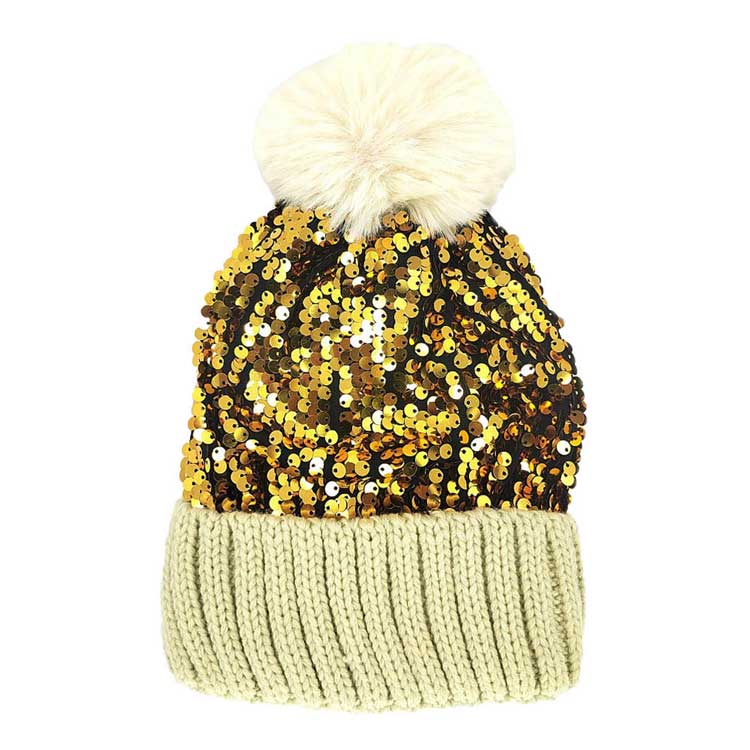 Gold Sequin Pom Pom Knit Beanie Hat, Knitted Beanie is designed with sequins and pom pom, chic and lovely, to make you more charming and attractive in autumn and winter. The beanie hat for women is made from high-quality material and sequins, which is chunky and warm, making it ideal for winter warmth, while be stylish in the crowds at the same time.