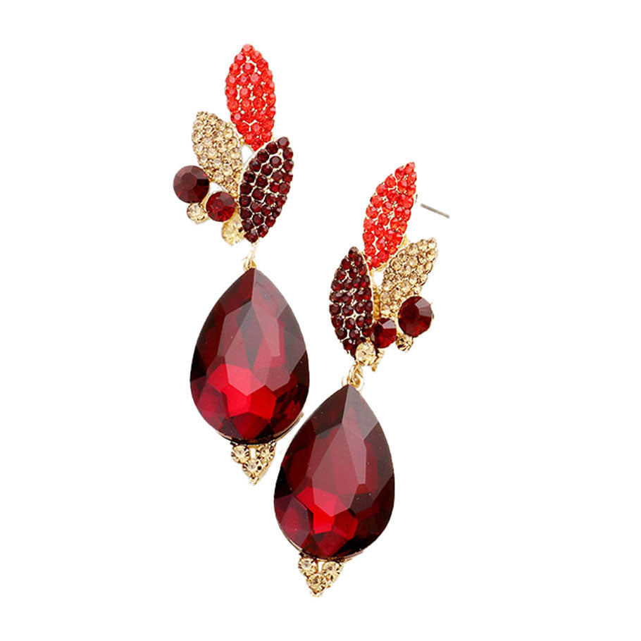 Gold Siam Crystal Rhinestone Pave Leaf Teardrop Evening Earrings. Add a pop of color to your ensemble, just the right amount of shimmer & shine, touch of class, beauty and style to any special events. Perfect Birthday Gift, Anniversary Gift, Mother's Day Gift, Graduation Gift.