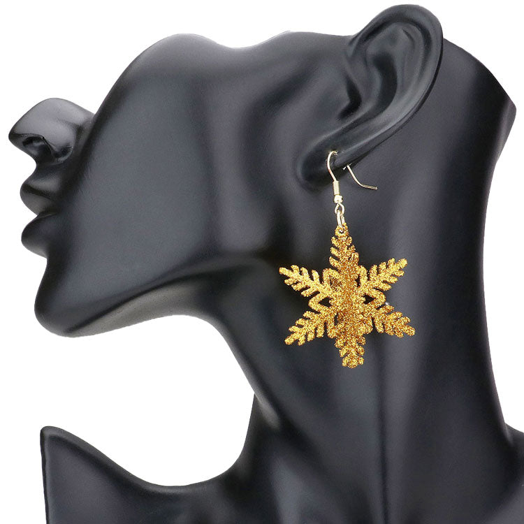 Gold Sparkle Snowflake Dangle Earrings, beautifully crafted design adds a gorgeous glow to any outfit with Christmas theme. Get into the Christmas spirit with our gorgeous Christmas Snowflake dangle earrings with perfect style. Bright snowflake design with different colors and pattern will make the perfect choice to your Christmas costumes. Ideal gift for you loved ones, girlfriend, wife, daughter, sisters, etc. Share joy and beauty with your family on Christmas.