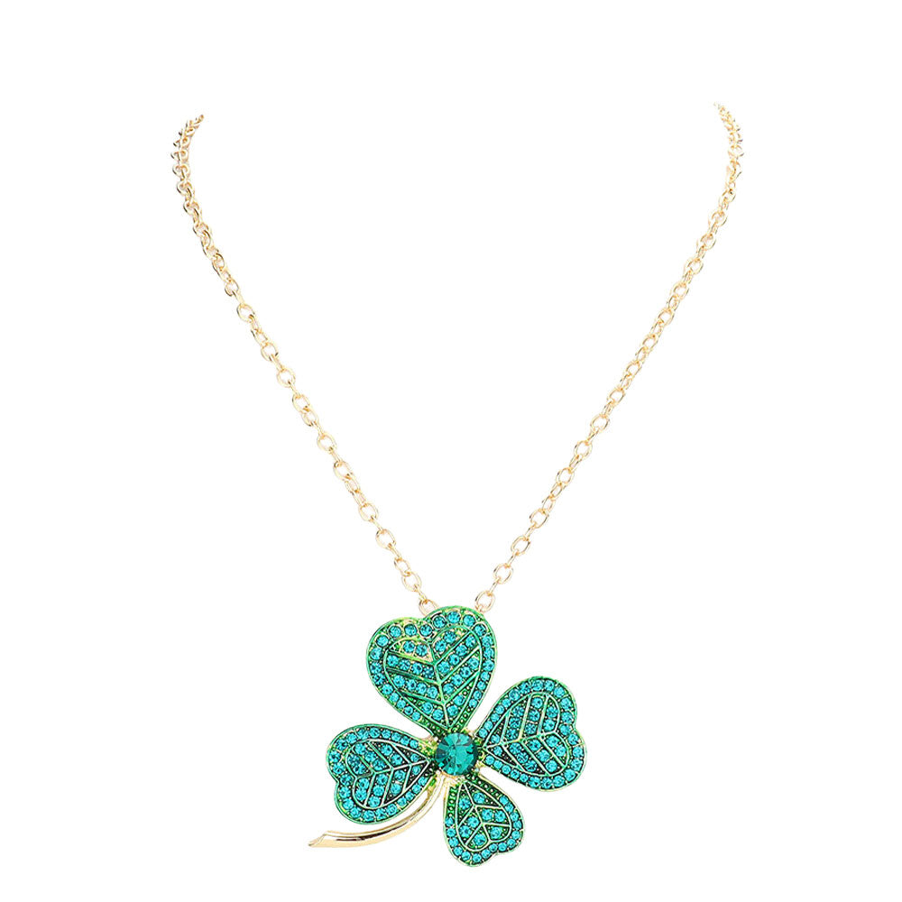 Gold St. Patrick's Day Stone Embellished Clover Pendant Necklace, is perfect to accent your love for the Irish while wearing this beautiful necklace. The luck of St. Patrick's Day will be with you this year with these beautiful clover pendant necklaces. These cute stone-embellished necklaces are the perfect accessory to finish off any festive look. This necklace will be fit for St. Patrick's Day parties, night parties, and carnivals.