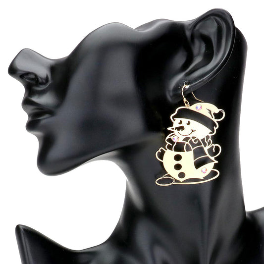 Gold Stone Embellished Brass Metal Snowman Dangle Earrings. Beautifully crafted design adds a gorgeous glow to any outfit. Jewelry that fits your lifestyle! Perfect Birthday Gift, Anniversary Gift, Mother's Day Gift, Anniversary Gift, Graduation Gift, Prom Jewelry, Just Because Gift, Thank you Gift.