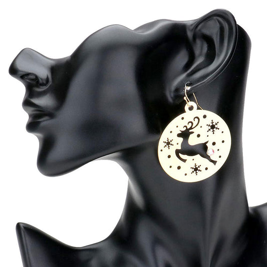Gold Stone Embellished Cut Out Rudolph Brass Metal Round Dangle Earrings. Beautifully crafted design adds a gorgeous glow to any outfit. Jewelry that fits your lifestyle! Perfect Birthday Gift, Anniversary Gift, Mother's Day Gift, Anniversary Gift, Graduation Gift, Prom Jewelry, Just Because Gift, Thank you Gift.