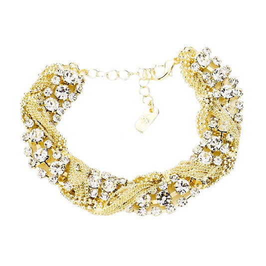 Gold Tangled Chain Crystal Rhinestone Evening Bracelet, this Crystal Rhinestone Bracelet sparkles all around with it's surrounding round stones, stylish evening bracelet that is easy to put on, take off and comfortable to wear. It looks modern and is just the right touch to set off LBD. Fabulous gift, ideal for your loved one or yourself.