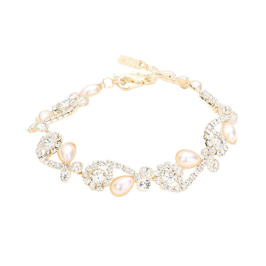 Gold Teardrop Pearl Detail Rhinestone Pave Floral Evening Bracelet, put on a pop of color to complete your ensemble. Perfect for adding just the right amount of shimmer & shine and a touch of class to special events. Perfect Birthday Gift, Anniversary Gift, Mother's Day Gift, Graduation Gift, Valentine’s Gift.