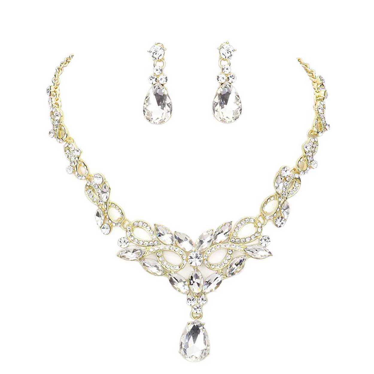 Gold Teardrop Stone Accented Evening Necklace. Get ready with these stone necklaces, put on a pop of shine to complete your ensemble. Perfect for adding just the right amount of shimmer and a touch of class to special events. These classy jewelry sets are perfect for Party, Wedding and Evening. Awesome gift for birthday, Anniversary, Valentine’s Day or any special occasion.